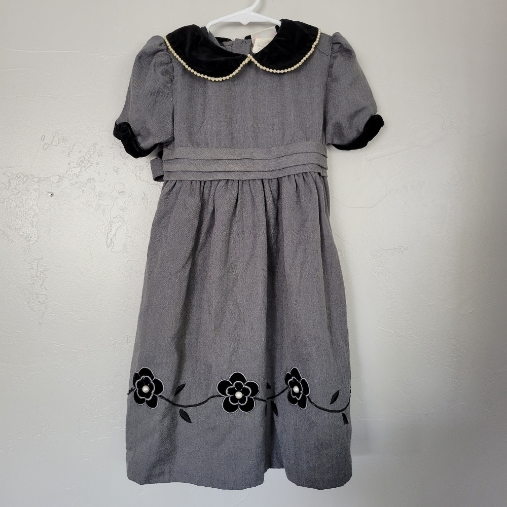 B.T. Kids Vintage Grey Dress Velvet Pearl Collar Black Floral Embroidery Size 5